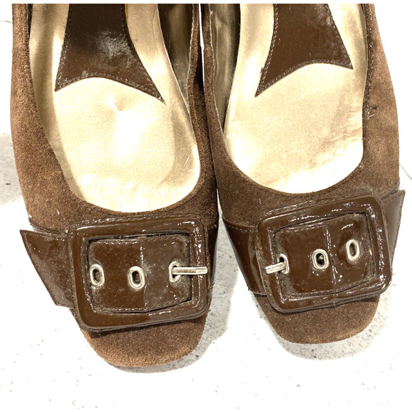 Bandolino brown suede leather flats slip on shoes US 7.5M faux patent buckle - Picture 8 of 11